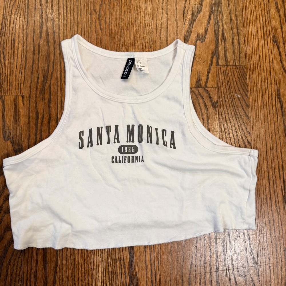 H&M Divided Santa‎ Monica California Graphic Crop Tank Top Medium White